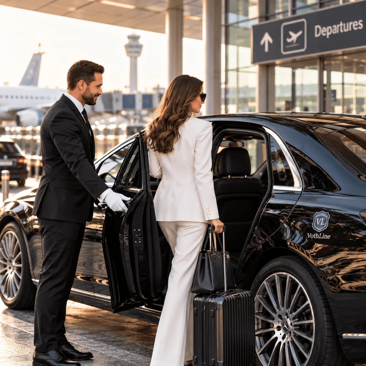 Exklusiver Flughafentransfer mit VothLine Chauffeur, Luxuslimousine und Gepäck am Flughafen