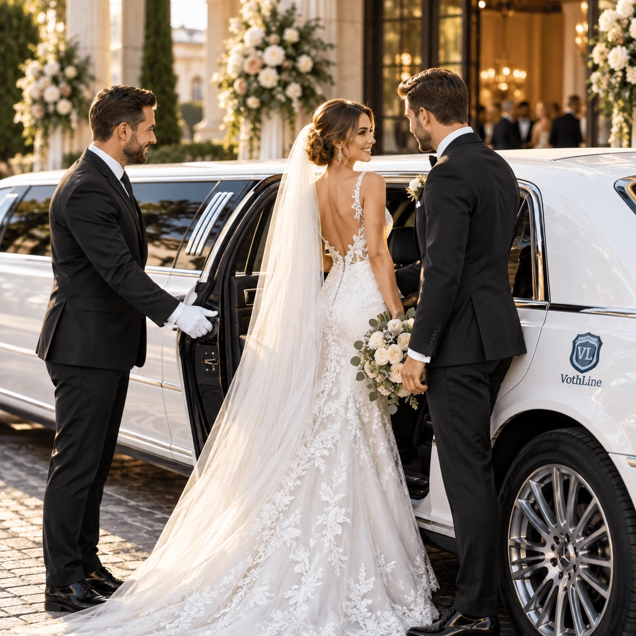 Brautpaar an weißer Stretchlimousine von VothLine mit Chauffeur vor einer Hochzeitslocation