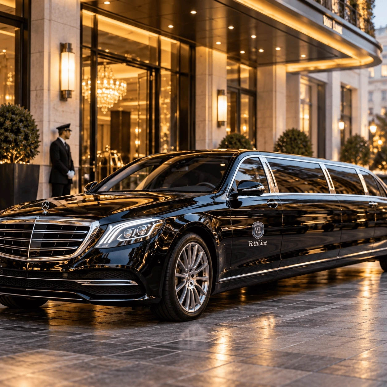 Schwarze Mercedes Stretchlimousine von VothLine vor einem exklusiven Luxushotel
